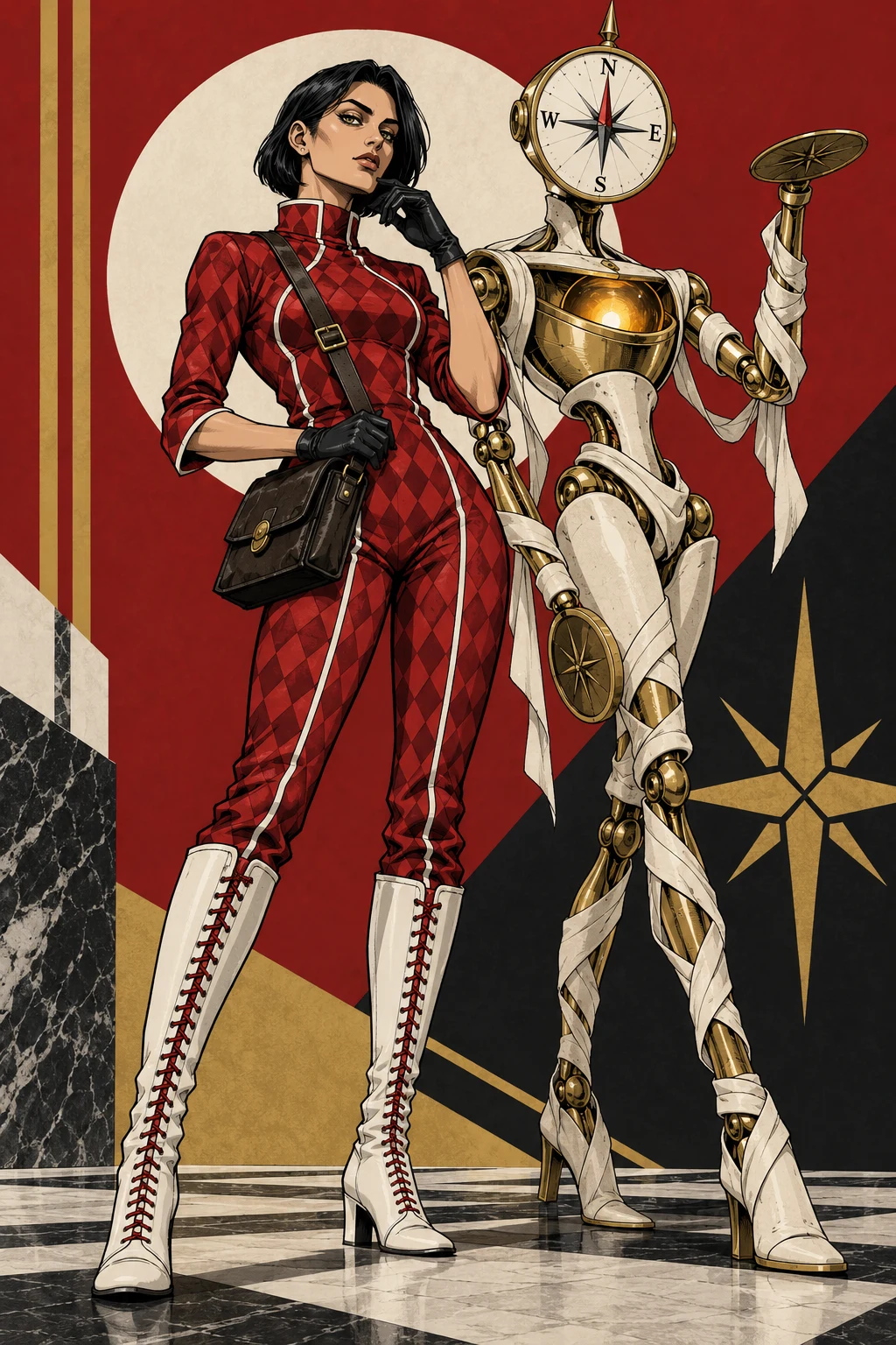 Solstice Ledger artwork: Ivy Marchetti in a red diamond-pattern suit with a gold compass-mask Stand