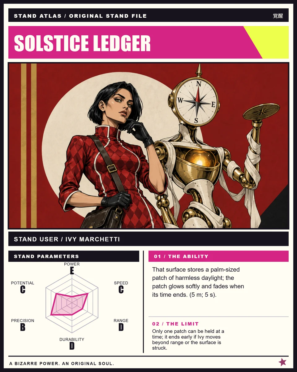 The same Solstice Ledger artwork in a completed card with ability and six stats